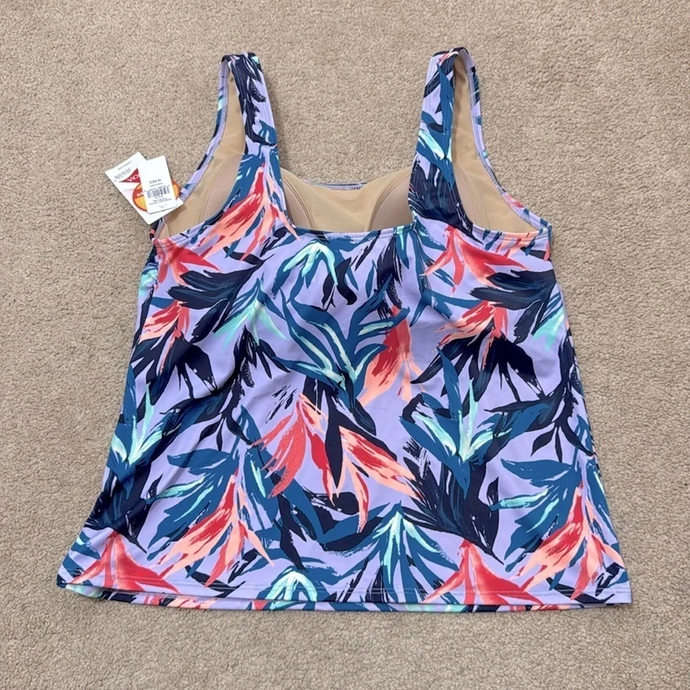 NWT L.L. Bean BeanSport Scoopneck Purple Floral Wireless Tankini Top Size 16